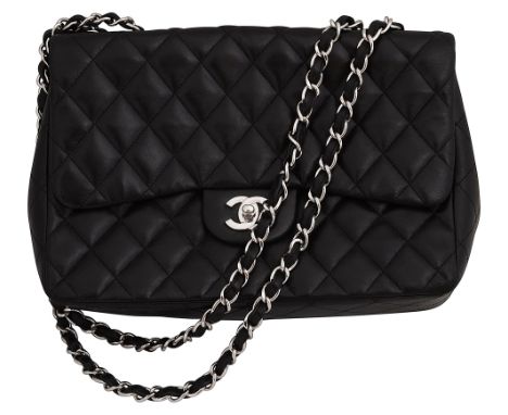 A black lambskin Chanel 2.55 flap bag no 12728471, with classic diamond-quilted pattern, double strap, silver tone hardware, 