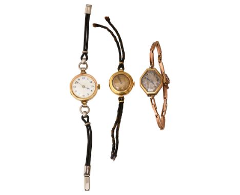 Three lady's manual wind wristwatches first watchhead case stamped 14k on an a/f black cord bracelet, a 9ct gold octagonal ca