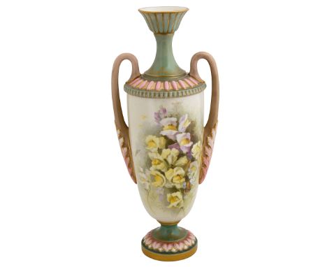 A Royal Worcester blush ivory twin handled vase painted by W.G Ricketts of tapering form with twin acanthus moulded loop hand