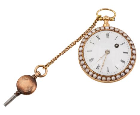 A 19th century French lady's pearl set 18K open faced fob watch inside case No 5944, enamel dial with Roman numerals, split p