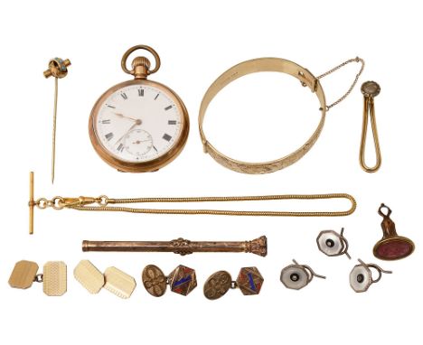 An assortment of items to include a fob seal and a combination pencil/ dip pen comprising a 19th century gilt metal oval fob 