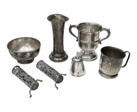 A pair of Chinese Export silver spill vases a/f, an Edwardian glue pot, a twin handled trophy cup and other silverfirst stamp