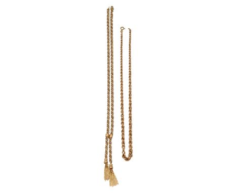 Two 9ct gold chainsthe first 9ct gold rope twist chain, intertwined with chain link white coloured metal, marked '375' to cla