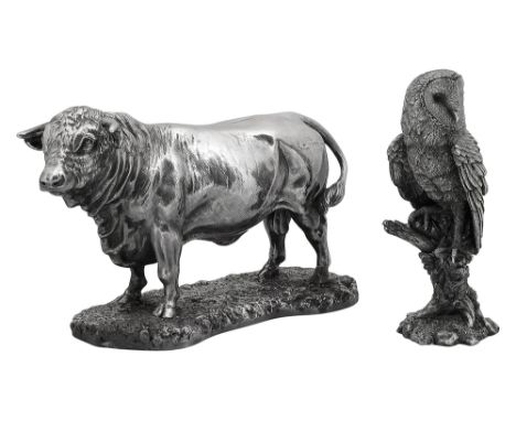 Two modern filled silver naturalistic figures of a bull and a barn owlfirst Sheffield, 2011, maker mark CS, filled, modelled 