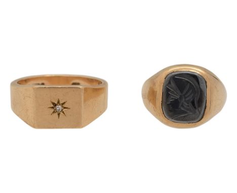 Two 9ct yellow gold ringsthe first a 9ct gold and diamond chip signet ring, stamped '9.375';  the second a 9ct gold and  hard