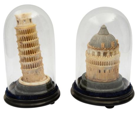 Two 19th century Italian 'Grand Tour' alabaster desk models of the Leaning Tower of Pisa and the San Giovanni Baptistryeach o