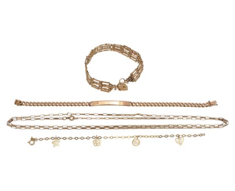 A group of 9ct gold braceletsincluding 9ct gold flattened curb link identity bracelet, stamped '375' to box clasp, 9ct gold '