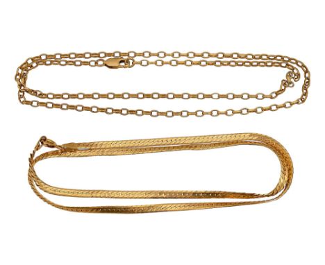 Two 18ct gold chainsthe first a 18ct flexible link chain, stamped '750' to clasp, the second 18ct gold chain, stamped to bump
