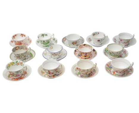 A collection of early 19th  century tea cups and saucers London shape, to include two Spode 'Bowpot pattern' cups and saucers