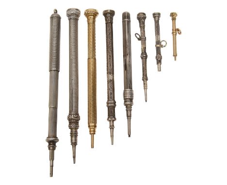 Eight Victorian and later silver and plated propelling pencilscomprising a silver engine turned pencil with slide action and 