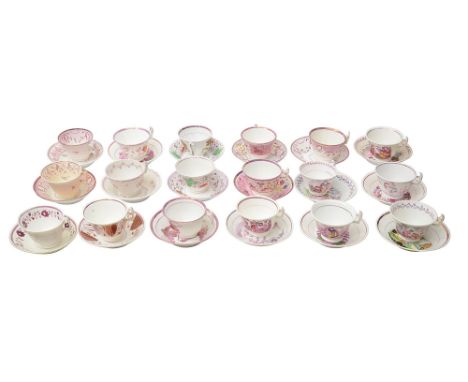 A collection of early to mid 19th century pink lustre ware teacups and saucersLondon shape, mostly Staffordshire, some with t