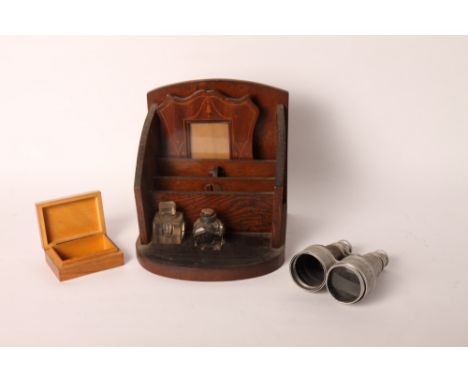 An oak stationery stand with two inkwells, an inlaid trinket box and an Art Nouveau inlaid mahogany photograph frame