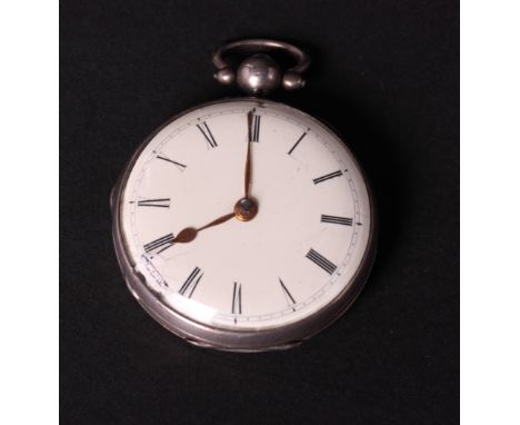 A Georgian silver cased open faced pocket watch with white enamel dial and engine turned case