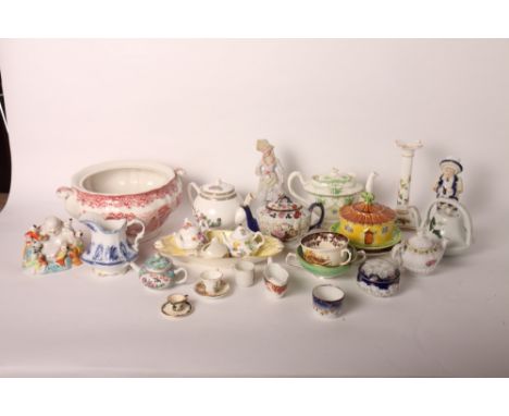 A Ridgway's red transfer decorated soup tureen, a Coalport candlestick, assorted teapots and other items of decorative china