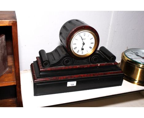 A late Victorian mantel clock in black slate drum head case decorated rouge marble mouldings, 16" wide