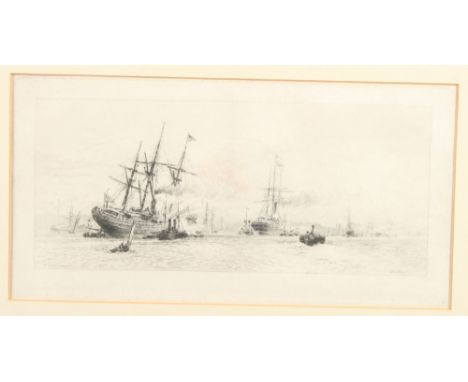 After Wyllie: an etching, shipping scene, 6" x 12", and two other etchings, maritime views