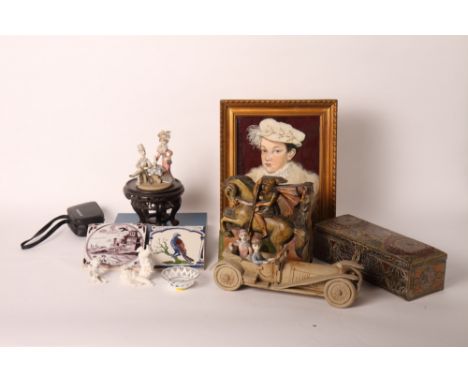 A stoneware model of a vintage car, an Indian brass, copper and white metal casket, two hardwood vase stands and other decora