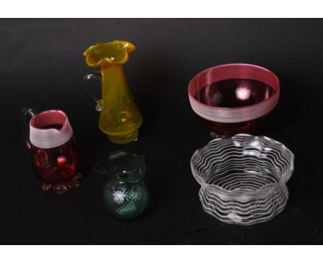 A ruby and white trailed glass sugar and cream set, a white trailed lobed shallow vase and two other pieces of Victorian colo