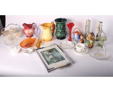 A Burleigh ware jug with parrot handle, an Art Deco semicircular biscuit box and other decorative ceramics and glass