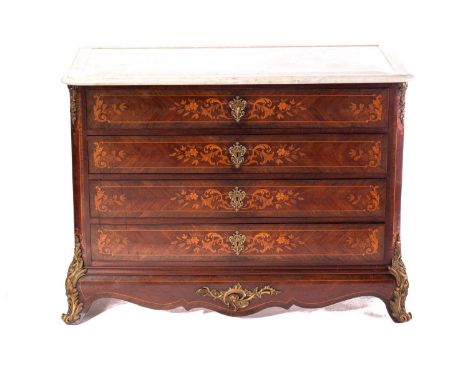 A French Napoleon III marble topped rosewood dressing commode with marquetry decoration, fitted four long drawers with ormolu