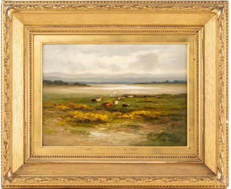 William Beattie Brown RSA (1831-1909) Scottish, 'Garmouth on the Spey', landscape with cattle, oil on panel, signed to lower 