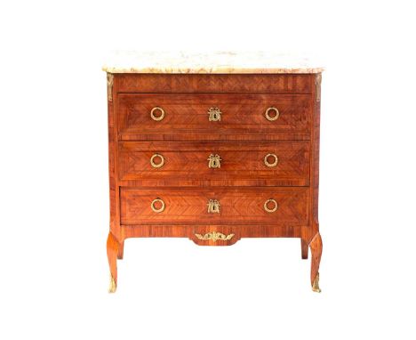 An French Louis XVI style marble topped three drawer rosewood commode, early 20th century with geometric parquetry decoration