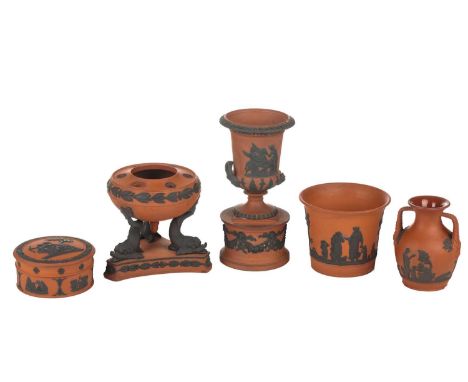 Five items of 19th century Wedgwood rosso antico ware, comprising a miniature version of the Portland vase, 9.5 cm high, a ta