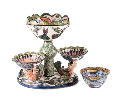 A South African Ardmore Studio pottery table centerpiece, with central bowl on bulb-shaped column, flanked by two further bow