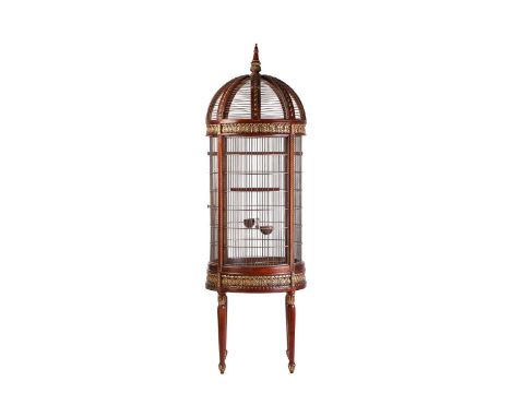 An extremely large and impressive 19th century style cylindrical mahogany parrot cage,late 20th century, with stupa finial ov