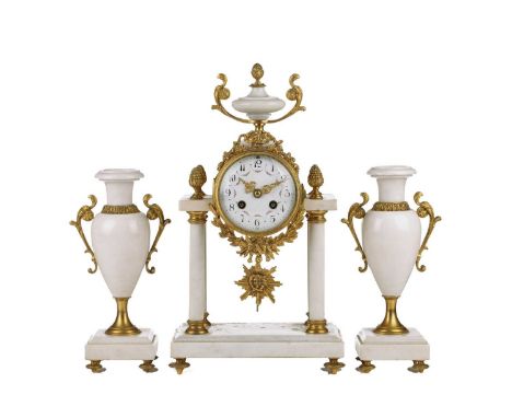 A Louis XVI style ormolu and white marble portico clock garniture by Japy Bros, early 20th century, the eight-day movement ch