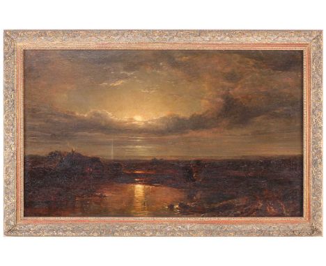 19th century Continental school, a moonlit Lake, indistinctly signed (A. Bauer?), dated 1859, oil on panel, 35 cm x 55 cm in 