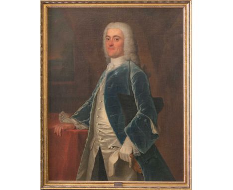 Circle of Thomas Hudson (1701-1779), a three-quarter length portrait of 'Mr Framlingham', in blue velvet frock coat and cream