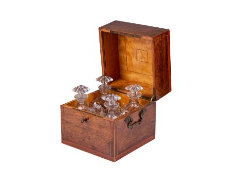A Victorian marquetry inlaid rosewood liqueur box, the hinged cover inlaid with the legend "Liqueurs" opening to reveal four 