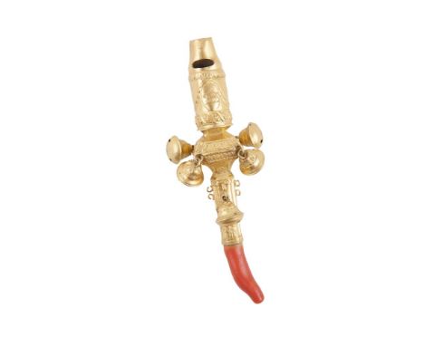 AN IRISH GOLD AND CORAL BABY'S RATTLE, Dublin c.1770, makers mark ST, hung with bells, the whistle with neo-classical decorat