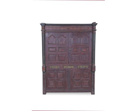 ***PLEASE NOTE: CATALOGUE DESCRIPTION SHOULD READ***AN IRISH PAINTED PINEWOOD LINEN PRESS, 18TH CENTURY, with panelled doors 