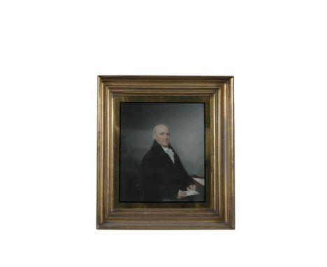 ENGLISH SCHOOL, c.1810A Portrait of James West of Alscot Park, Gloucestershire, the bald gentleman seated half length, holdin