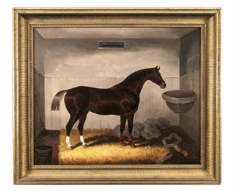 SAMUEL SPODE (FL.1825-1858)A chestnut hunter and a bay hunter in their stables, the horses rugs embroidered with the initials