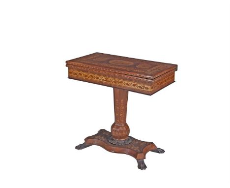 A KILLARNEY ARBUTUS AND MARQUETRY INLAID FOLDING TOP CARD TABLE, mid-19th century, the rectangular cross band top centred wit