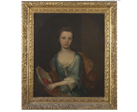 MICHAEL DAHL (1659-1743)Portrait of Martha Langham, as a young girl three-quarter length wearing a blue dress with a bowl of 