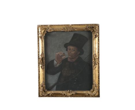 ENGLEHARDT / IRISH SCHOOL, c.1850 Portrait of a cab driver called Larry Doolin, with top hat and whip, smoking a pipe and wea