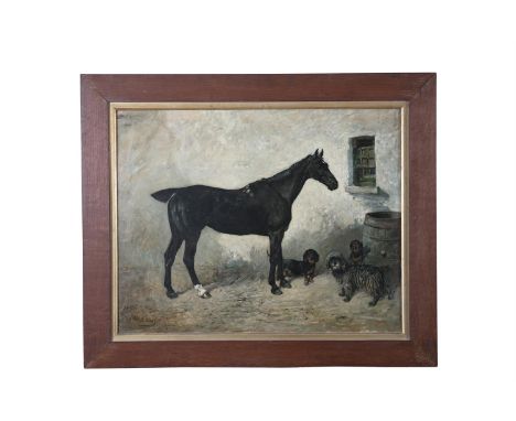JOHN EMMS, (1843-1912) Portrait of a Horse, outside a stable with Dandyimont and dachshunds by a water barrel, Oil on canvas,