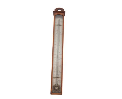 A WALL THERMOMETER, the engraved back plate signed Davies, Dublin, in a mahogany case crossbanded in rosewood with boxwood tr