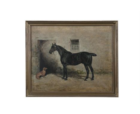 JOHN EMMS (1843-1912)Portrait of Cob, outside his stable with a dachshund. Oil on canvas, 67 x 83cmSigned and dated, 1902 and