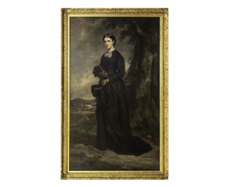 SIR FRANCIS GRANT PRA (1803-1878)Portrait of a Lady, Full Length, Standing in a Landscape Wearing a Riding HabitOil on canvas