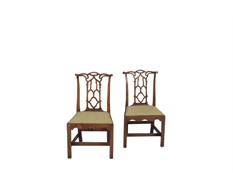 A PAIR OF 19TH CENTURY STAINED WOOD DINING CHAIRS, in the Chippendale manner, with pierced splats, drop-in seats, on square t