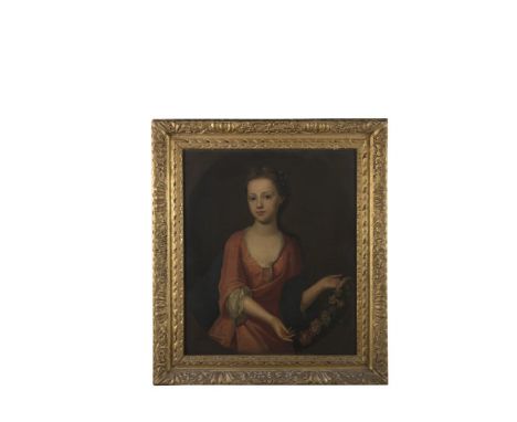 MICHAEL DAHL (1659-1743)Portrait of Mary Langham, as a young girl, standing three-quarter length, wearing a red dress, holdin