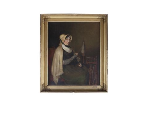 JOHN JAMES MASQUERIER (1778-1835)A portrait of Juliana, Lady Langham, d.1810, seated by a spinning wheel, wearing a bonnet an