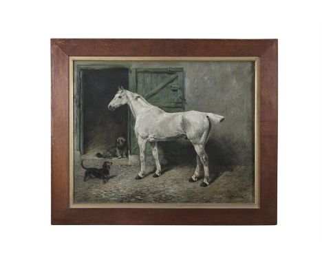 JOHN EMMS (1843-1912)Portrait of a Grey Cob, outside his stable with a Dandydimont and a dachshundOil on canvas, 65 x 83cmSig