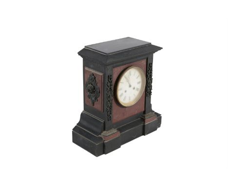 A BLACK AND RED MARBLE PEDIMENT MANTLE CLOCK, 19TH CENTURY, with white enamel dial. 42cm highProvenance: Rathescar House, Co.