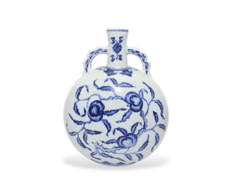 A FINE MING REVIVAL BLUE AND WHITE MOON FLASK, Yongzheng period, (1723-1735),of flattened globular form, painted in early 15t